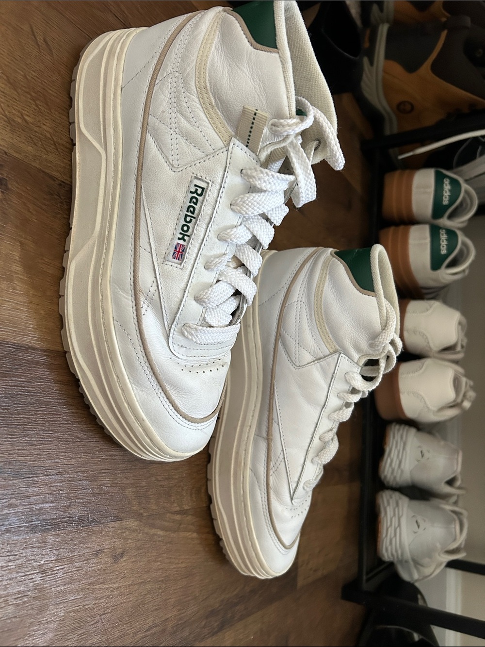 Reebok White Leather Sneakers with Green Heel Accent